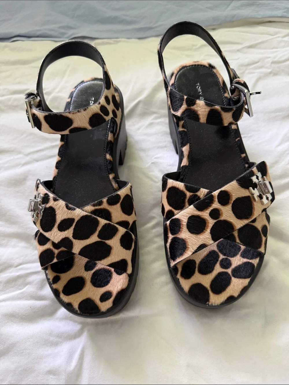Tory Burch Leopard Print Platform Sandals in Tan and Black